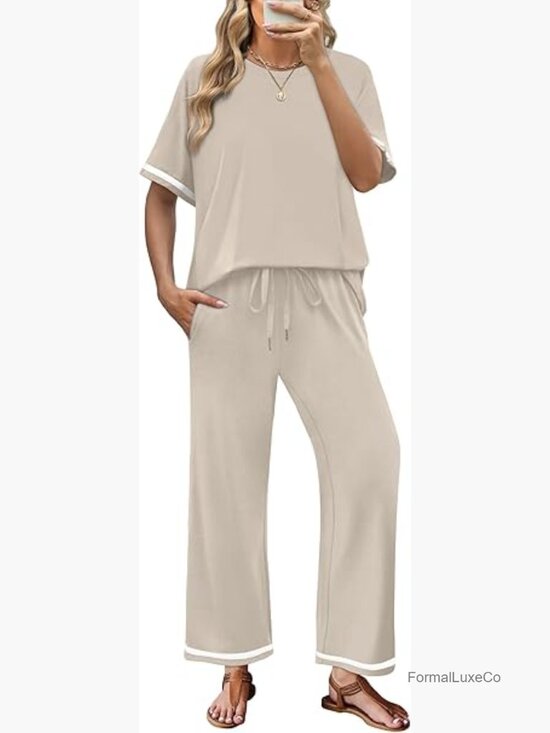 Pants - Women's 2 Piece Lounge Set Short Sleeve Wide Leg Pants Travel Outfit